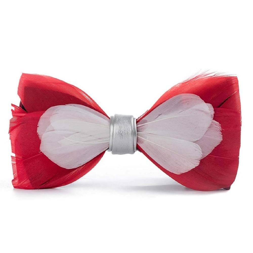 Mens Natural Feather Pre Tied Leather Bow tie Red